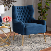 Baxton Studio TSF-6741-Navy Blue Velvet/Gold-CC Nelson Modern Luxe and Glam Navy Blue Velvet Fabric Upholstered and Gold Finished Metal Armchair 